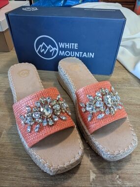 White Mountain Stitch Cantaloupe Jeweled Slide Sandals